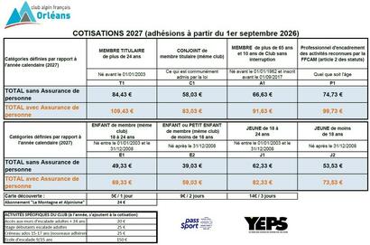 Les tarifs 2026 / 2027 Les tarifs 2026 / 2027